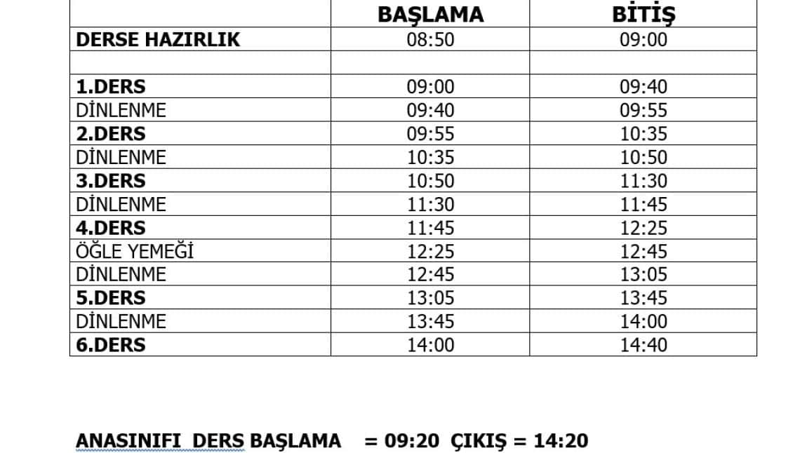 Vakit Çizelgemiz 2025-2026 Eğitim Öğretim Yılı